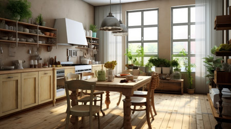 3d rendering of a modern kitchen in a house with wooden furnitureの素材