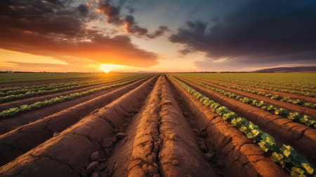 Agricultural field with seedlings at sunset. dramatic skyの素材