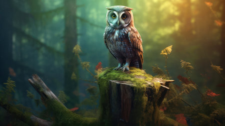 Beautiful owl in the forest at sunset. 3d rendering.の素材