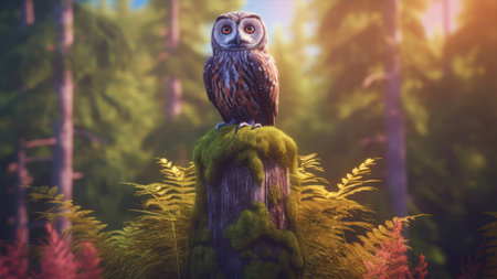 Beautiful owl sitting on a tree stump in the forest. Sunsetの素材
