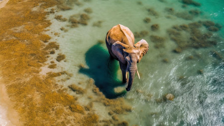 Aerial view of an elephant in the middle of a lagoonの素材