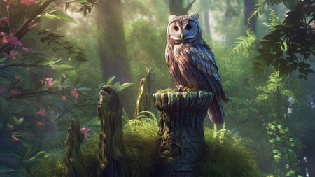 Owl in the forest. 3D rendering. Fantasy illustration.の素材