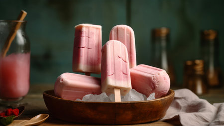 Homemade popsicles in wooden bowl on wooden table, closeupの素材