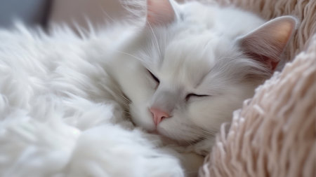 Beautiful white cat sleeping on soft plaid. close up.の素材
