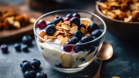 Greek yogurt with blueberries, almonds and granola in glass bowlの素材
