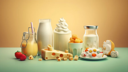 Milk products and fruits on the table. 3D illustration.の素材