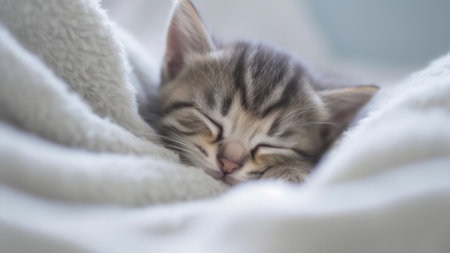 Cute little kitten sleeping on white soft blanket. selective focus.の素材