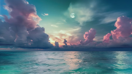 beautiful seascape with a full moon and clouds in the skyの素材