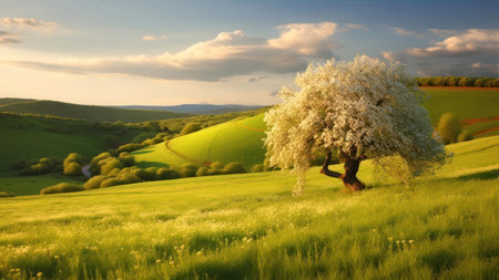 Beautiful spring landscape with blooming tree on the hillside.の素材