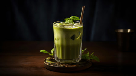 Iced green tea with milk and mint in a glass on a wooden tableの素材