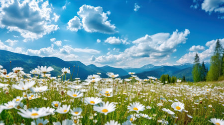Summer mountain meadow with white daisies and blue sky with cloudsの素材