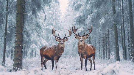 Two red deer with antlers in snowy forest. beautiful winter landscape.の素材