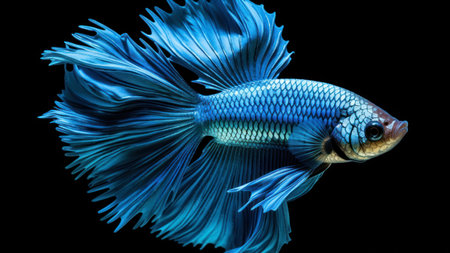 Capture the moving moment of blue siamese fighting fish isolated on black background. beta fish.の素材