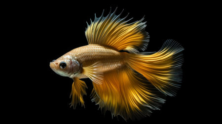 Capture the moving moment of yellow siamese fighting fish isolated on black background. beta fish.の素材