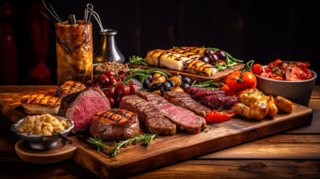 Grilled meat with vegetables and mushrooms on a wooden board. Restaurantの素材