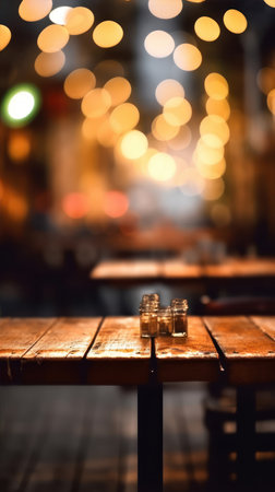 Empty wooden table in a pub with bokeh lights in the backgroundの素材