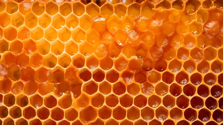 Close up view of the working beeswax on honeycells.の素材