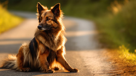 German shepherd dog sitting on the road in the evening in the sunlightの素材
