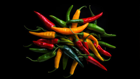 colorful hot chili peppers isolated on a black background, top viewの素材