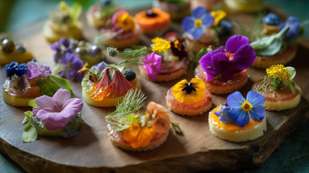 catering food on a wooden board. canapes with flowersの素材