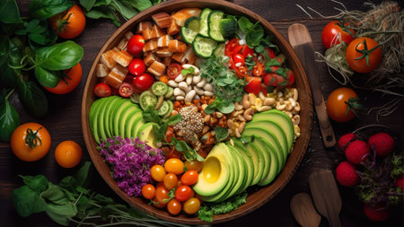 Healthy salad bowl with avocado, tomato, cucumber, olive oil, seeds, seeds and nuts on wooden tableの素材