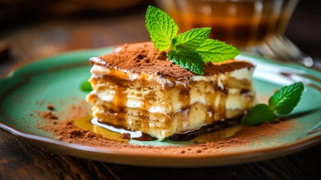 Classic tiramisu dessert on a plate with mint, selective focusの素材