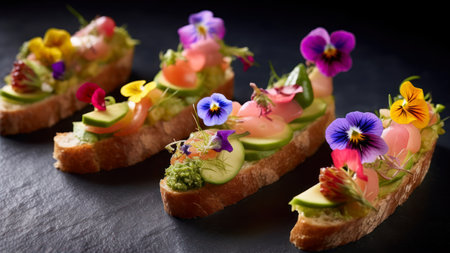 Canape with fresh cucumber and edible flowers on a black backgroundの素材