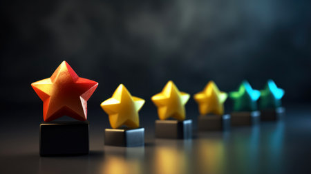 Five star rating on dark background. 3D illustration. selective focusの素材