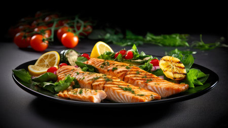 Grilled salmon fillet with vegetables on black plate on black backgroundの素材
