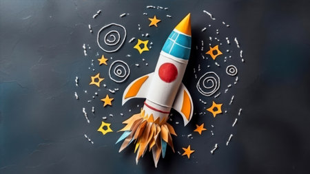 Rocket made of paper on a dark background. Creative concept.の素材