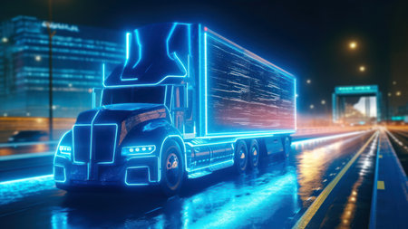 3d rendering of a blue truck on the road with glowing lightsの素材