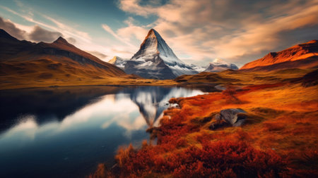 Matterhorn mountain reflected in the lake at sunset, Switzerland.の素材