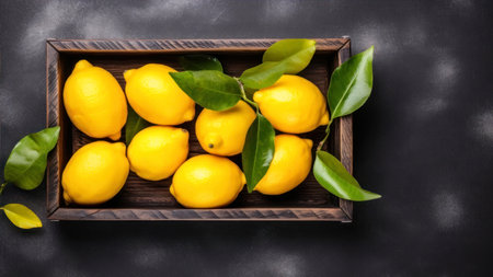 Fresh lemons with leaves in a wooden box on a dark backgroundの素材