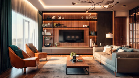 Modern living room interior design. 3D rendering mock up.の素材