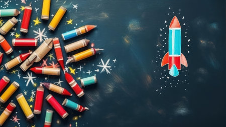 Rocket and colorful pencils on blackboard background, space for textの素材