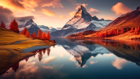 Fantastic colorful autumn landscape with lake and Matterhorn peak.の素材