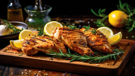 Grilled chicken fillet with lemon and rosemary on wooden boardの素材