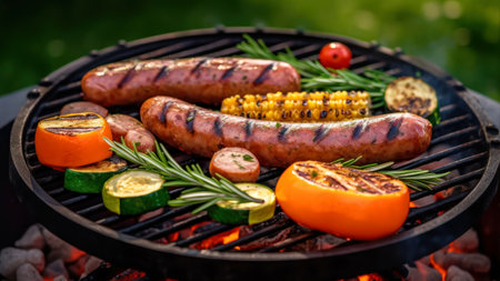 Grilled sausages with vegetables on barbecue grill in garden.の素材