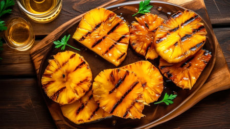 Fried pineapple slices with honey and spices on a wooden background.の素材