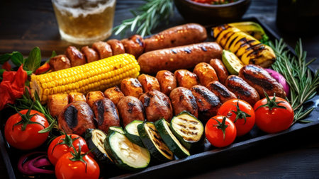 Grilled sausages with vegetables and beer on a wooden backgroundの素材