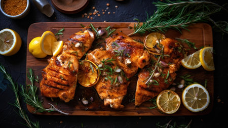Grilled chicken breast with lemon and rosemary on a wooden boardの素材