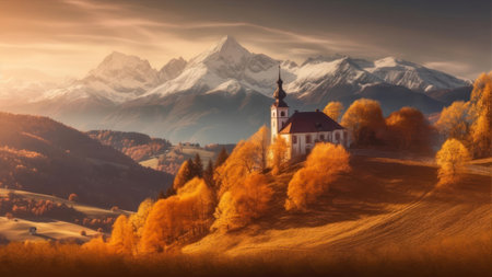 Autumn landscape with church in the mountains. beautiful nature background.の素材