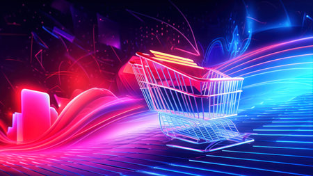3d render of a shopping cart in neon light. online shopping conceptの素材