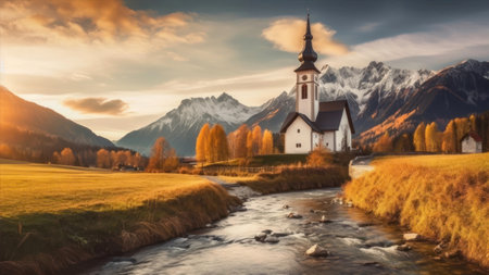 panoramic view of christian church in swiss alpsの素材