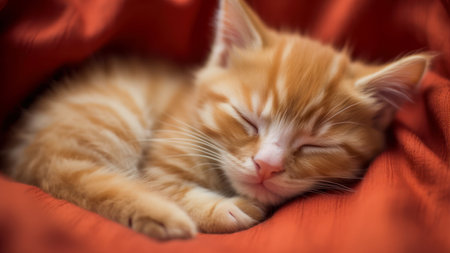 Cute ginger kitten sleeping on a red blanket, close-upの素材