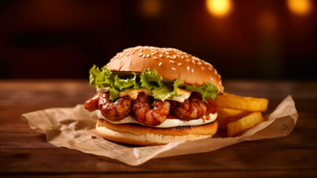 Hamburger with shrimps and french fries on a wooden tableの素材