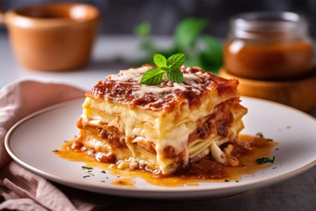Tasty lasagna with bolognese sauce on white plateの素材