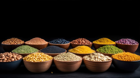 Variety of grains and legumes in wooden bowls on black backgroundの素材