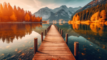 Wooden jetty on the lake in autumn. Dolomites, Italyの素材