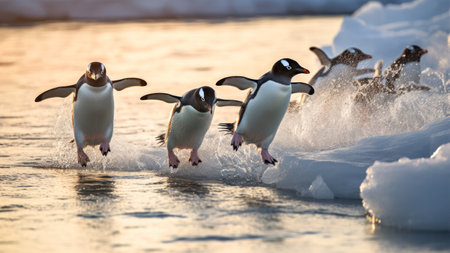Gentoo penguins (Spheniscus magellanicus) running on ice floe in Antarctica.の素材